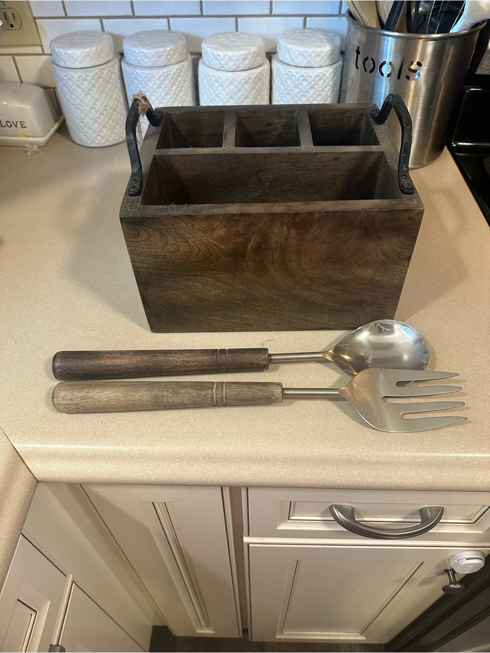 Wooden Utensil Caddy with Dark Brown Salad Servers